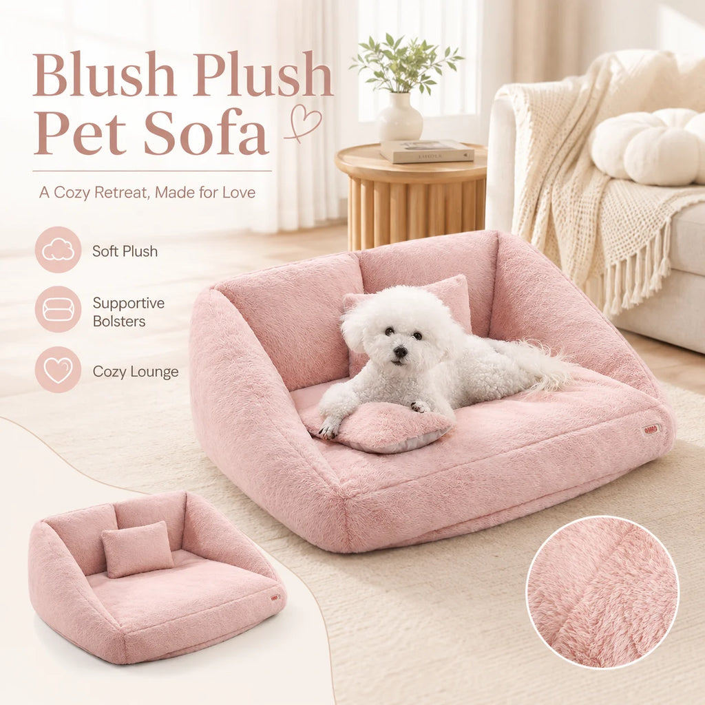Pink plush pet sofa dog bed rectangular soft artificial fur removable washable cover comfortable dog lying area