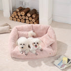 Pink plush pet sofa dog bed rectangular soft artificial fur removable washable cover comfortable dog lying area