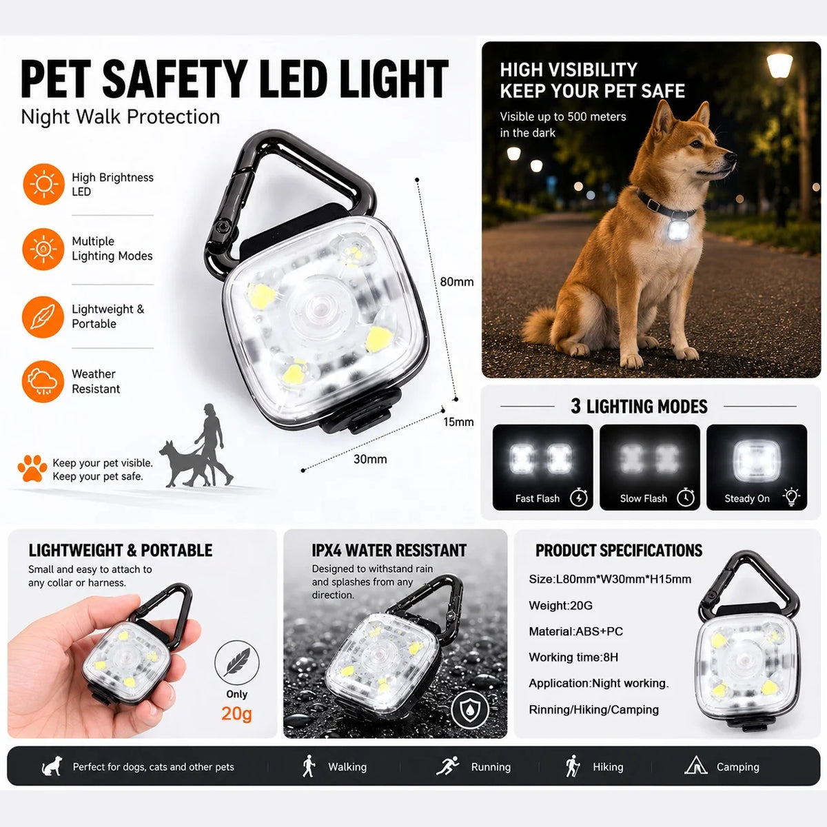 Modern plastic square LED pet luminous pendant - eco-friendly outdoor night safety light, suitable for preventing pets from getting lost during dog night walks