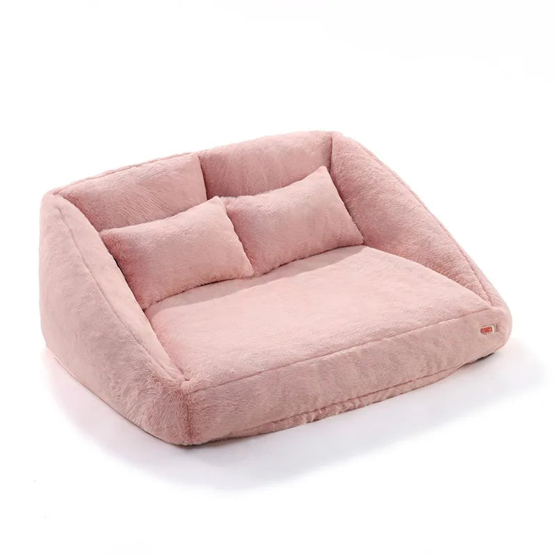Pink plush pet sofa dog bed rectangular soft artificial fur removable washable cover comfortable dog lying area