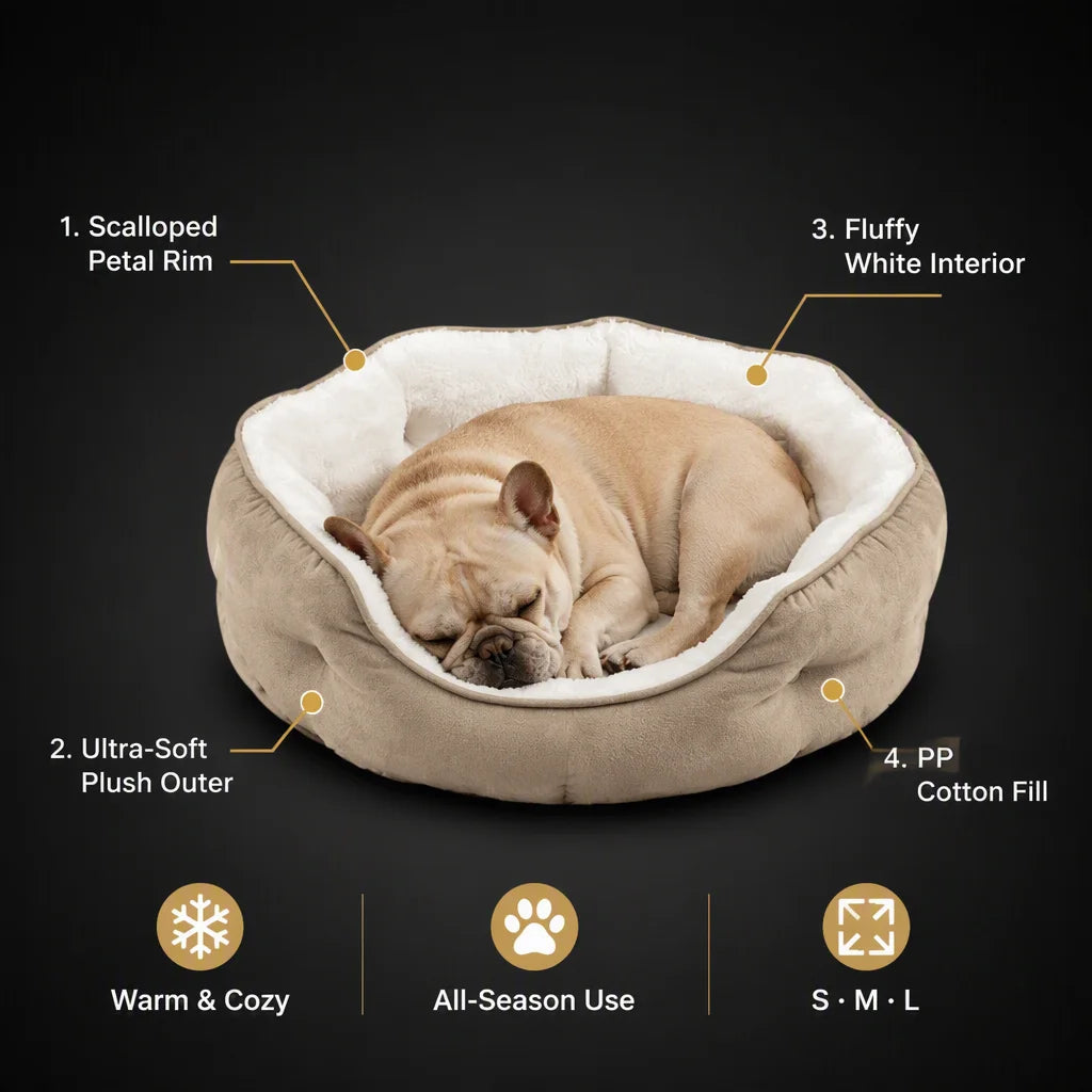 Fan-shaped pet bed with plush long hair artificial fur, comfortable PP cotton filled, removable and washable dog and cat pad