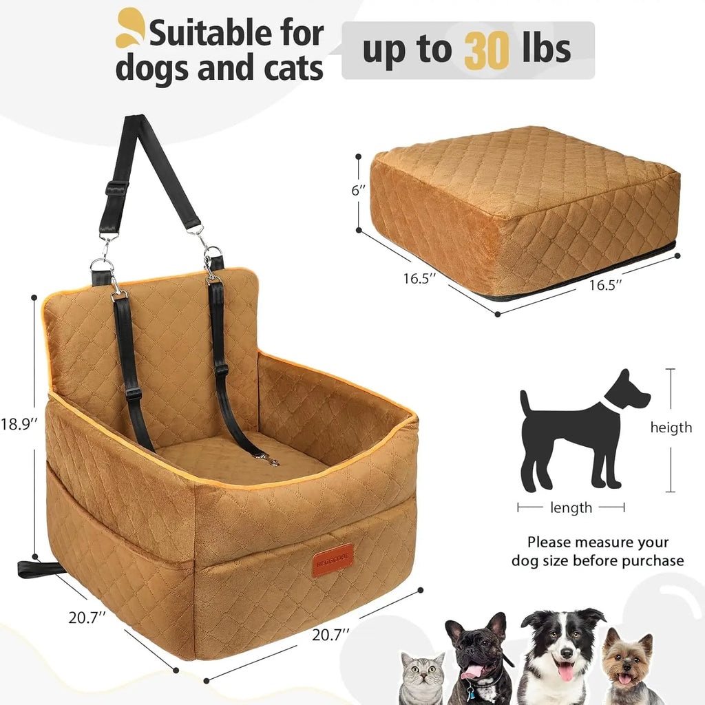 Dog Car Booster Seat, Quilted Pet Booster Seat for Small Dogs and Cats Under 30 lbs, Washable Cover, Safety Belt, Fits SUVs and Vans