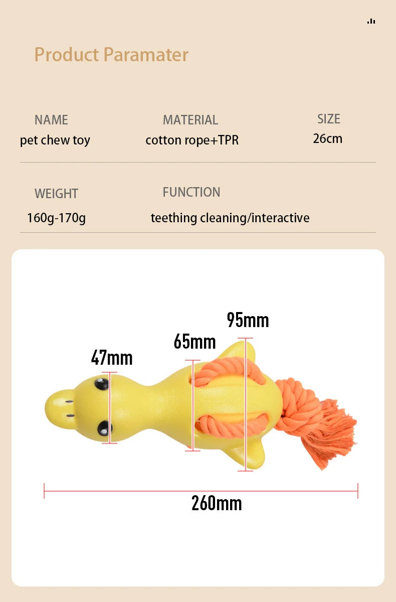 High-quality cute duckling rattle sound toy TPR dog chew toy pet rope, suitable for dog interactive play