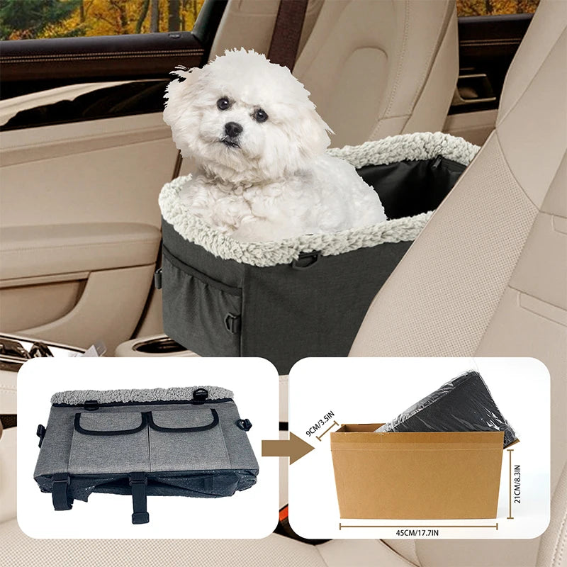 Breathable Adjustable Portable Zip-Up Elevated Seat with Removable Car Center Console Armrest Pet Harness for Small Dogs and Cats