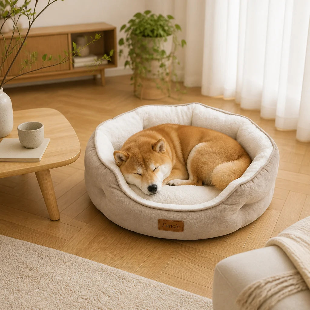 Fan-shaped pet bed with plush long hair artificial fur, comfortable PP cotton filled, removable and washable dog and cat pad