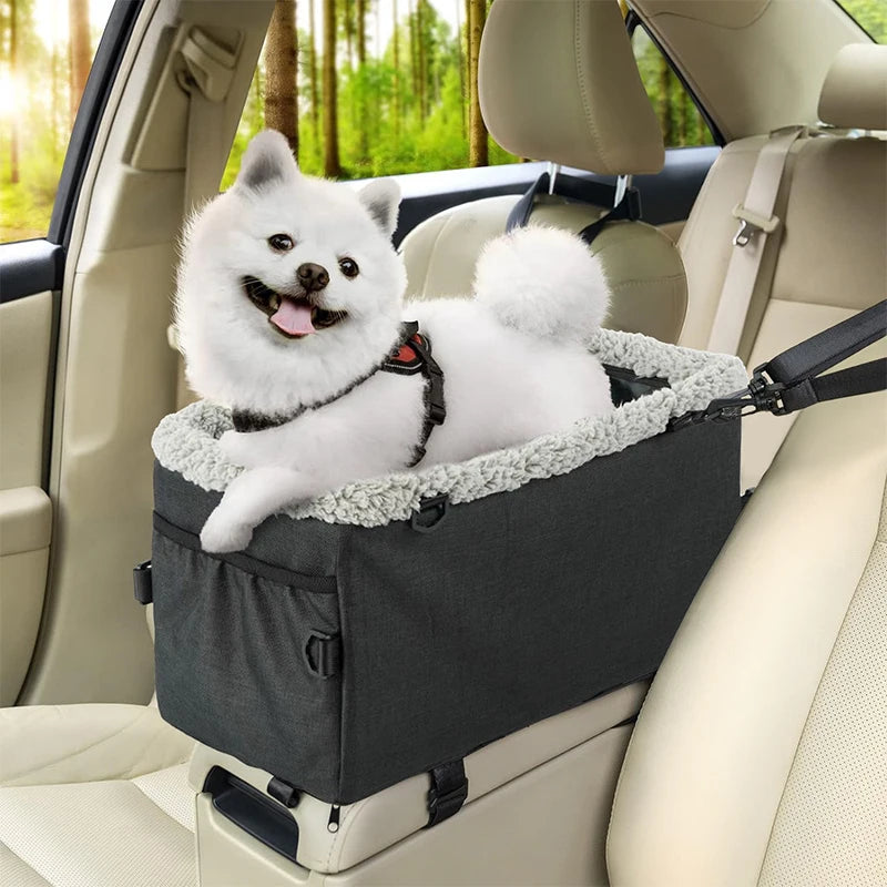 Breathable Adjustable Portable Zip-Up Elevated Seat with Removable Car Center Console Armrest Pet Harness for Small Dogs and Cats