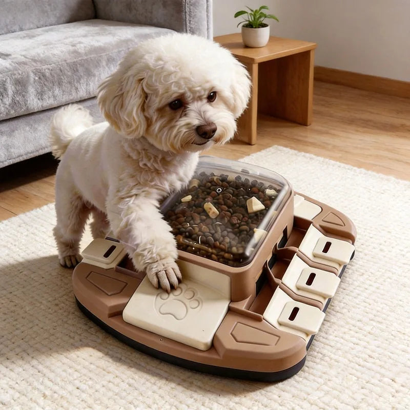 Plastic pet intelligent toy dog food slow feeding bowl, press-type sliding lid, can relieve the boredom of cats and dogs