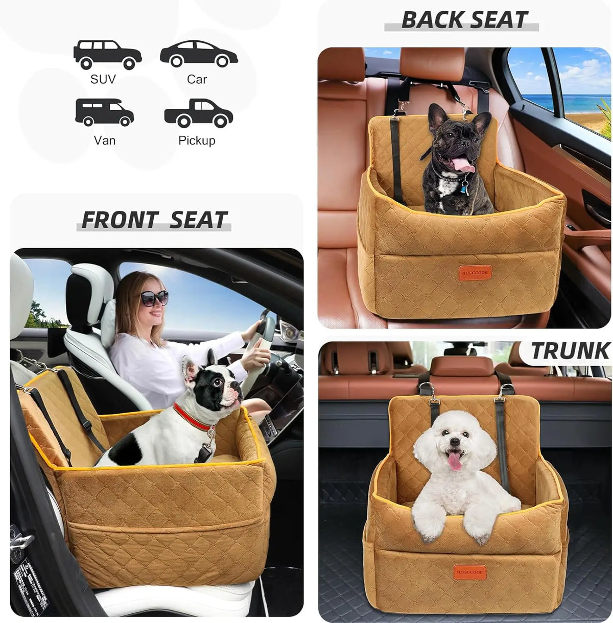 Dog Car Booster Seat, Quilted Pet Booster Seat for Small Dogs and Cats Under 30 lbs, Washable Cover, Safety Belt, Fits SUVs and Vans