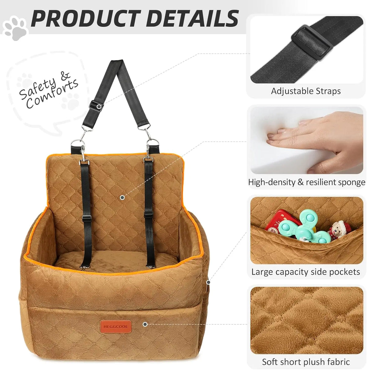Dog Car Booster Seat, Quilted Pet Booster Seat for Small Dogs and Cats Under 30 lbs, Washable Cover, Safety Belt, Fits SUVs and Vans