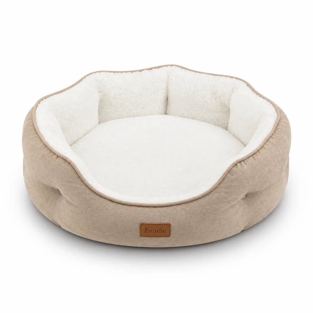 Fan-shaped pet bed with plush long hair artificial fur, comfortable PP cotton filled, removable and washable dog and cat pad