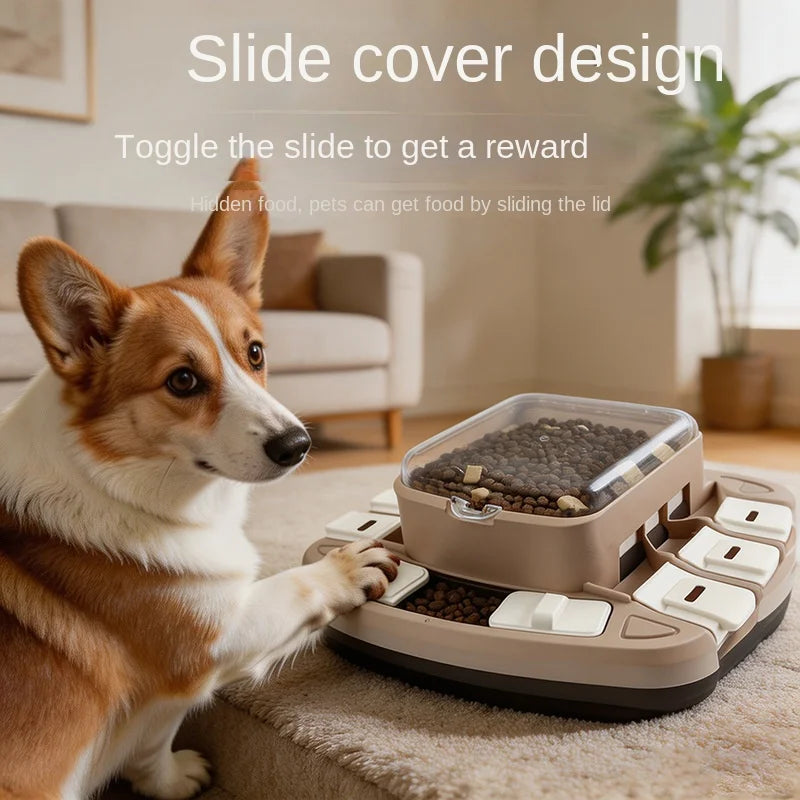 Plastic pet intelligent toy dog food slow feeding bowl, press-type sliding lid, can relieve the boredom of cats and dogs