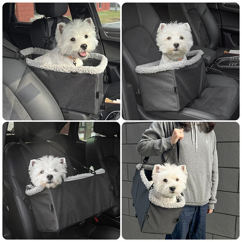 Breathable Adjustable Portable Zip-Up Elevated Seat with Removable Car Center Console Armrest Pet Harness for Small Dogs and Cats