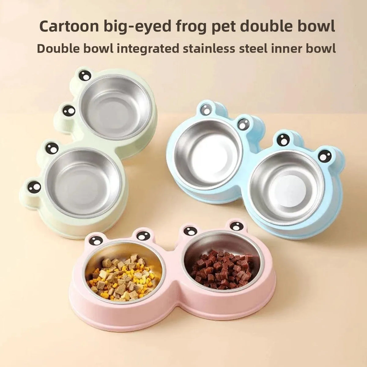 Pet Dog Cat Bowl Frog-shaped Double Bowl Durable Plastic Feeder Anti-slip