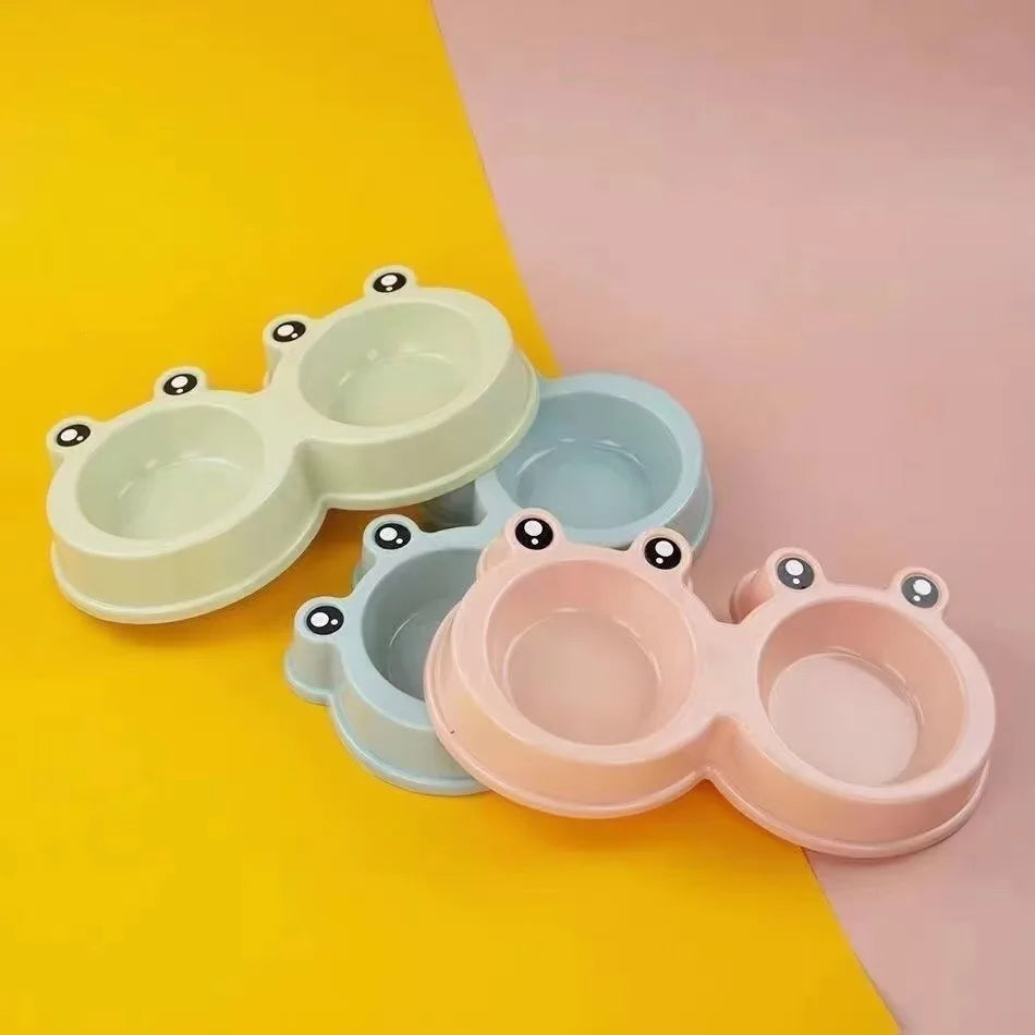 Pet Dog Cat Bowl Frog-shaped Double Bowl Durable Plastic Feeder Anti-slip