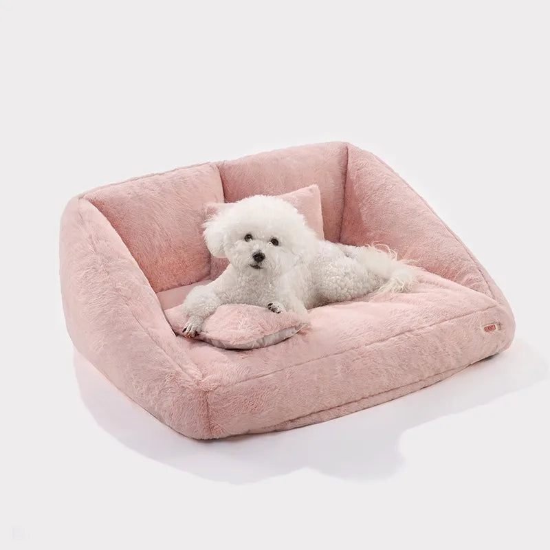 Pink plush pet sofa dog bed rectangular soft artificial fur removable washable cover comfortable dog lying area