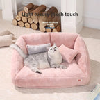 Pink plush pet sofa dog bed rectangular soft artificial fur removable washable cover comfortable dog lying area